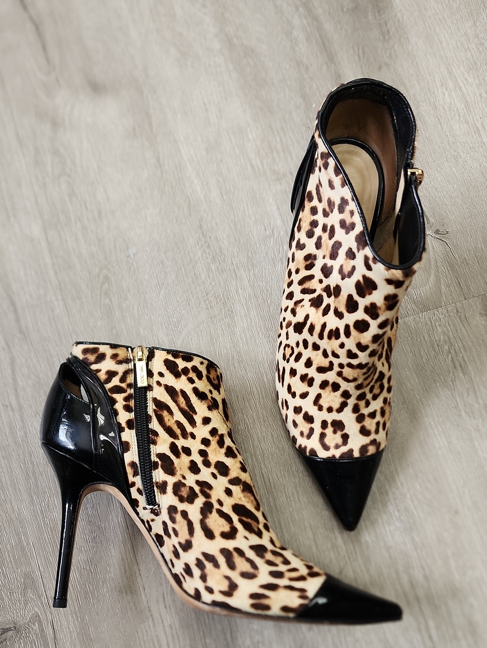 Jimmy Choo Leopard Print & Black Patent Pointed-Toe Stiletto Booties